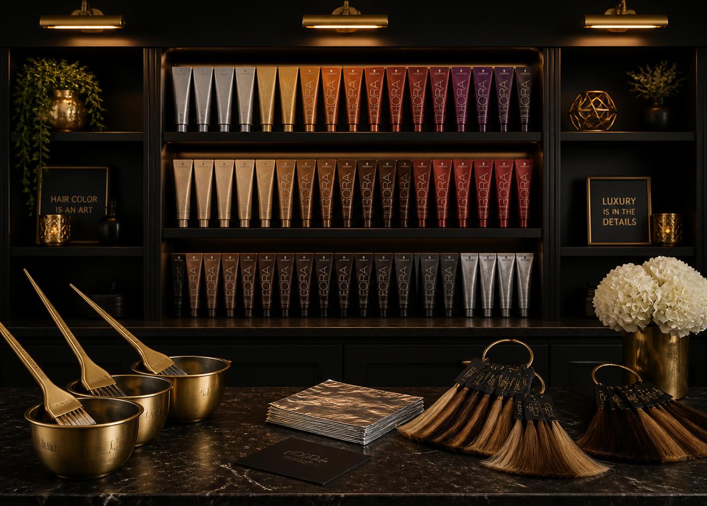 Color mixing station with black bowls, tint brushes, and stacked foil sheets