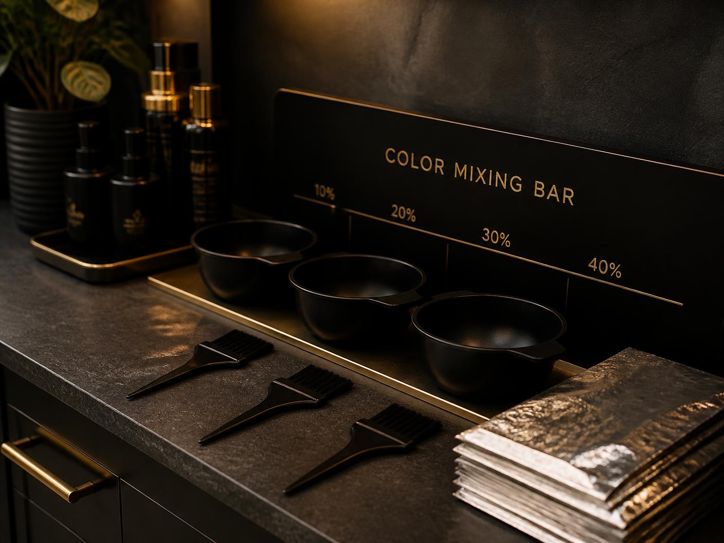 Color mixing station with black bowls, tint brushes, and stacked foil sheets