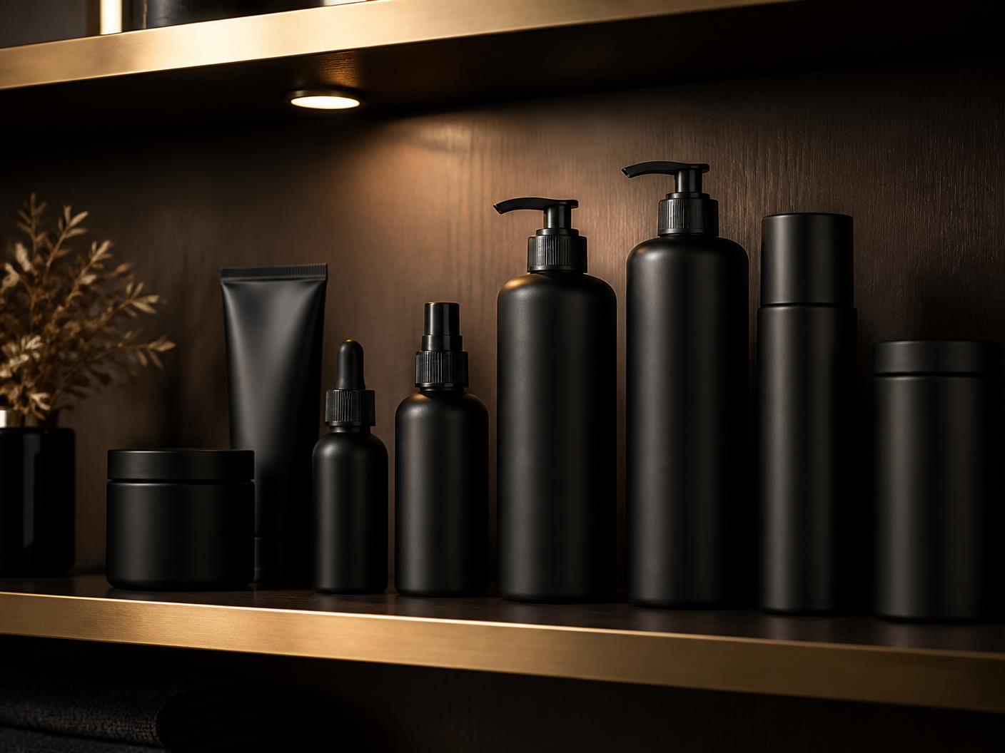 Row of matte black styling and treatment bottles on a brass-trimmed shelf