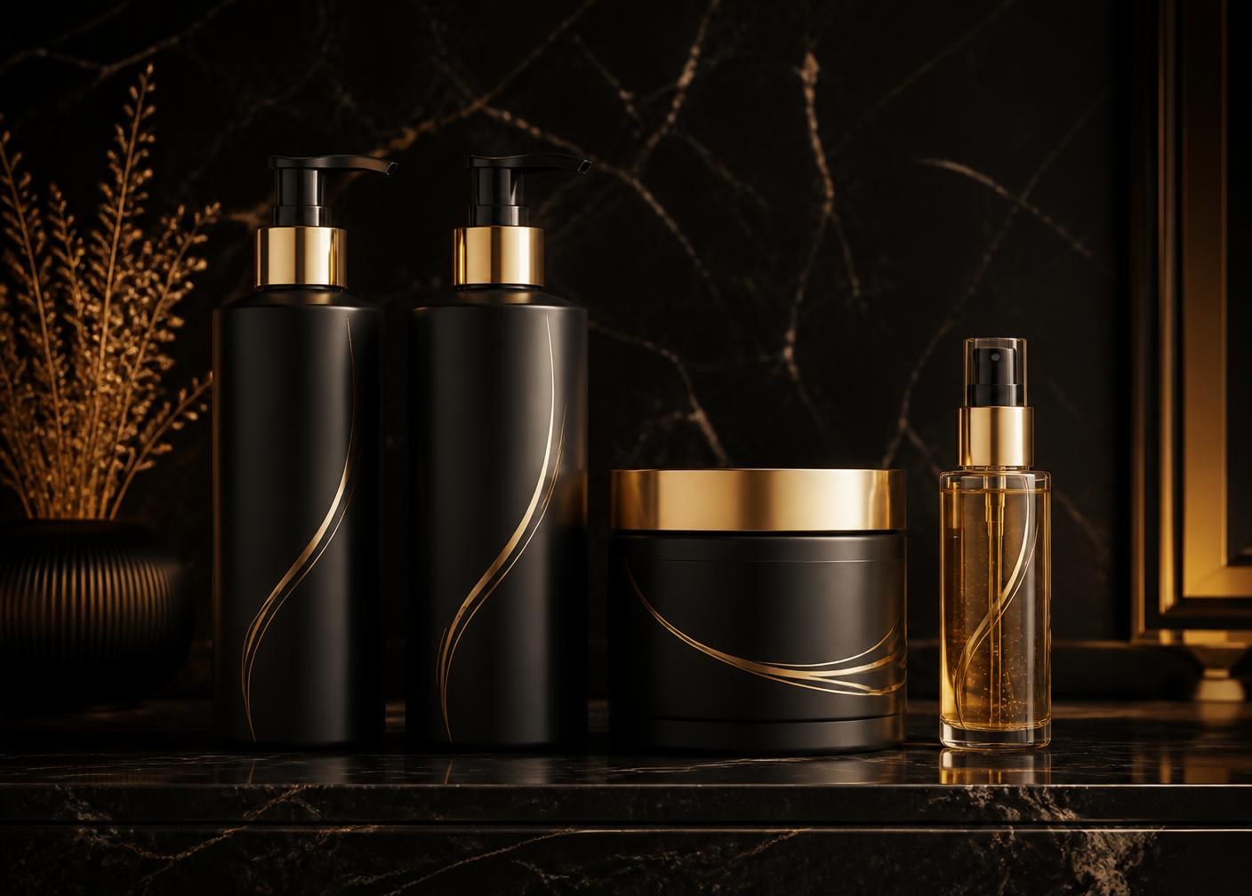 Matte black styling products lined up on a brass-trimmed shelf