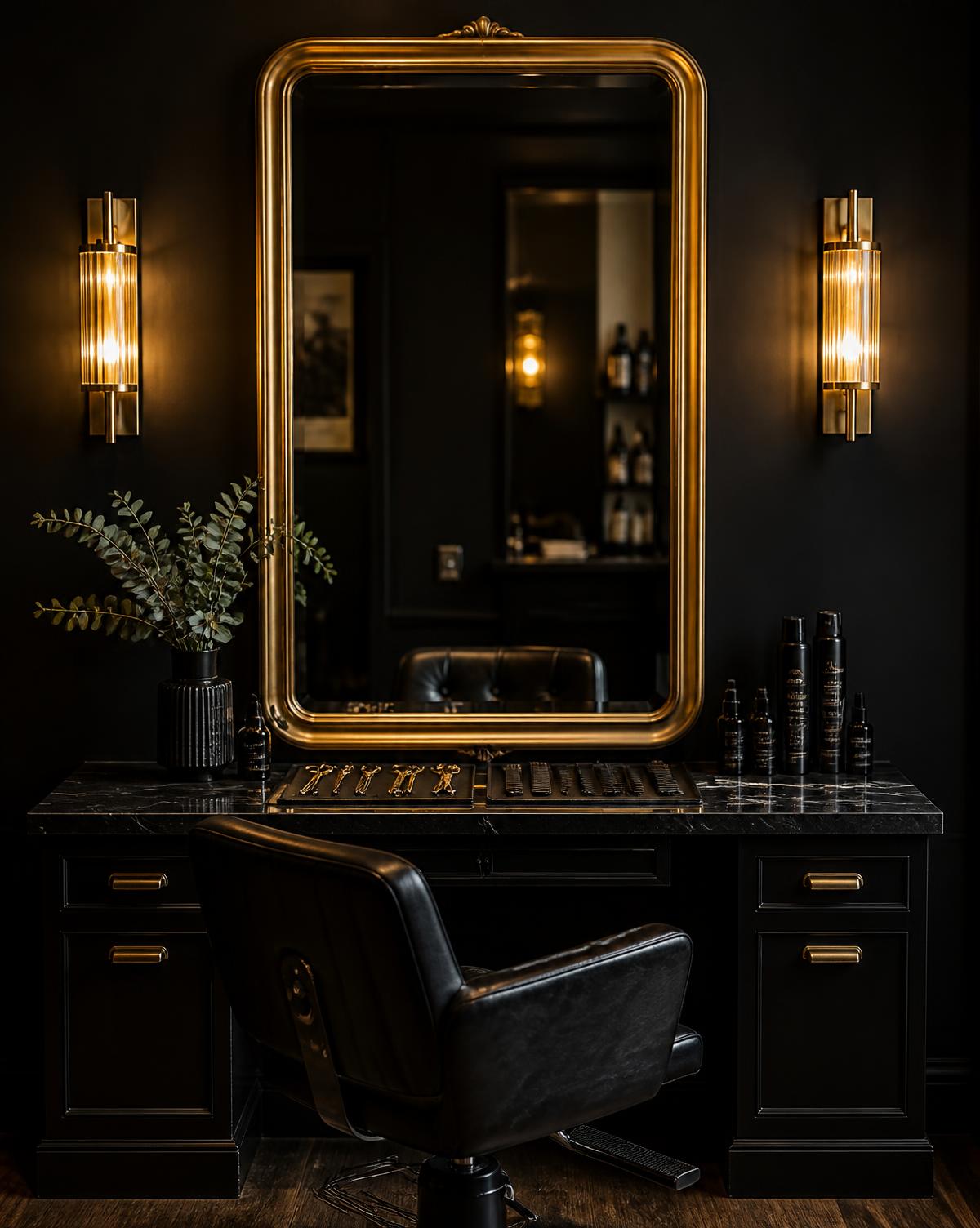 Styling station with a gold-framed mirror, black leather chair, and shears laid out on dark marble