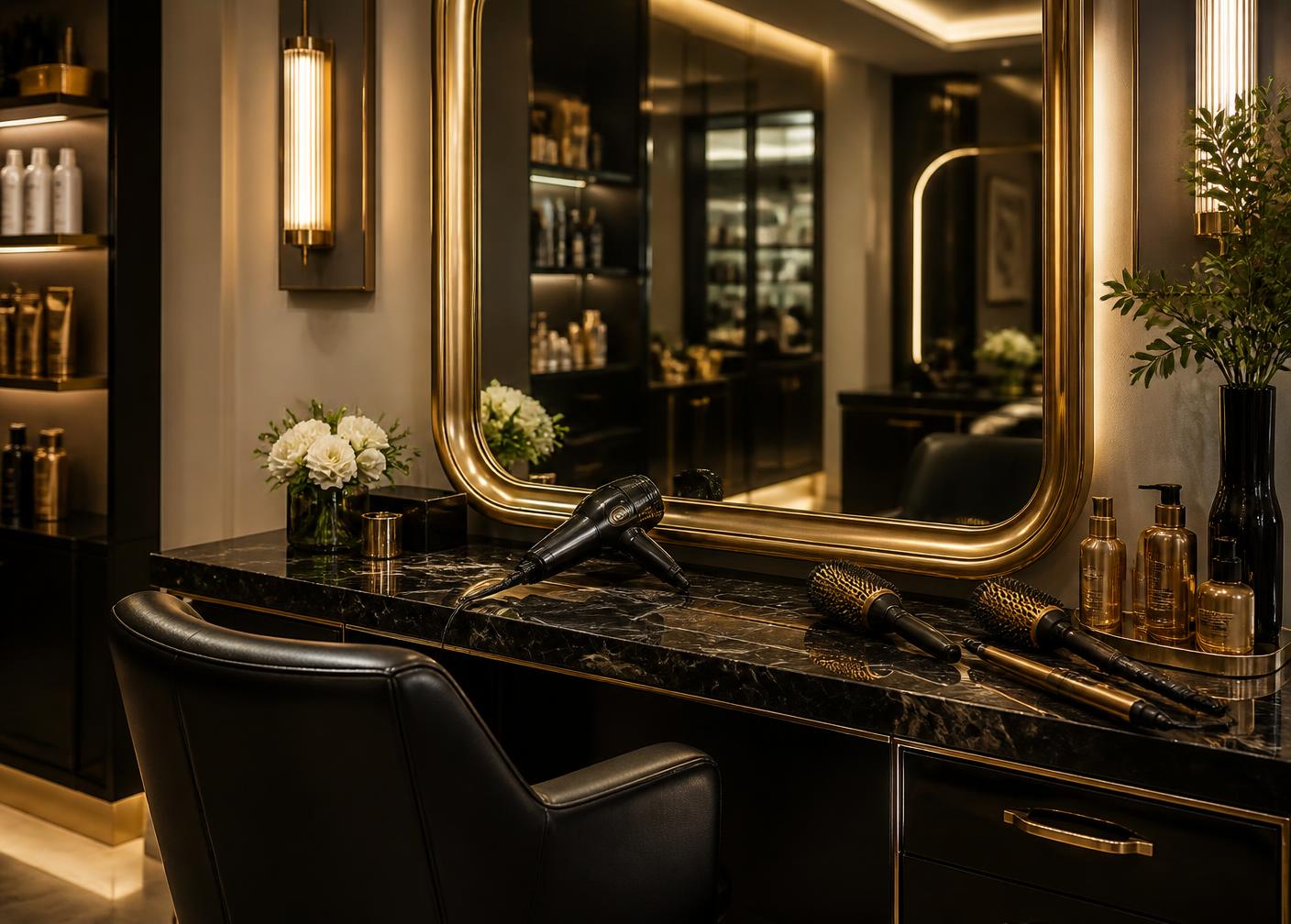 Styling station with a gold-framed mirror, black leather chair, and shears laid out on dark marble