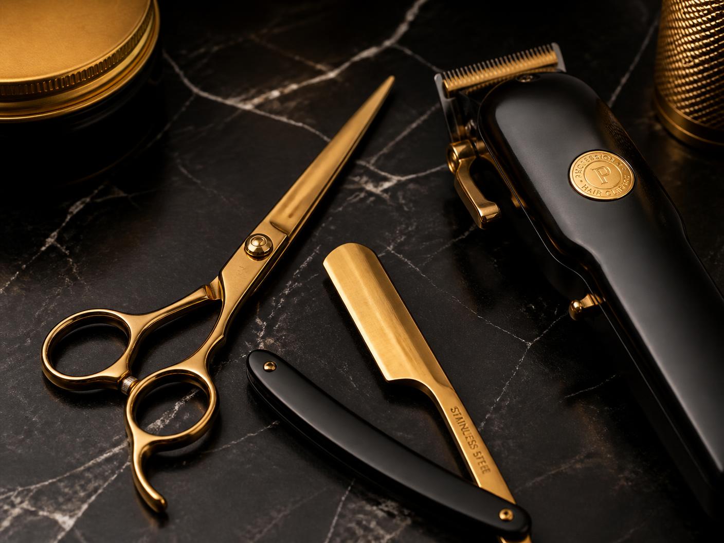 Gold shears, a straight razor, and black clippers arranged on black marble