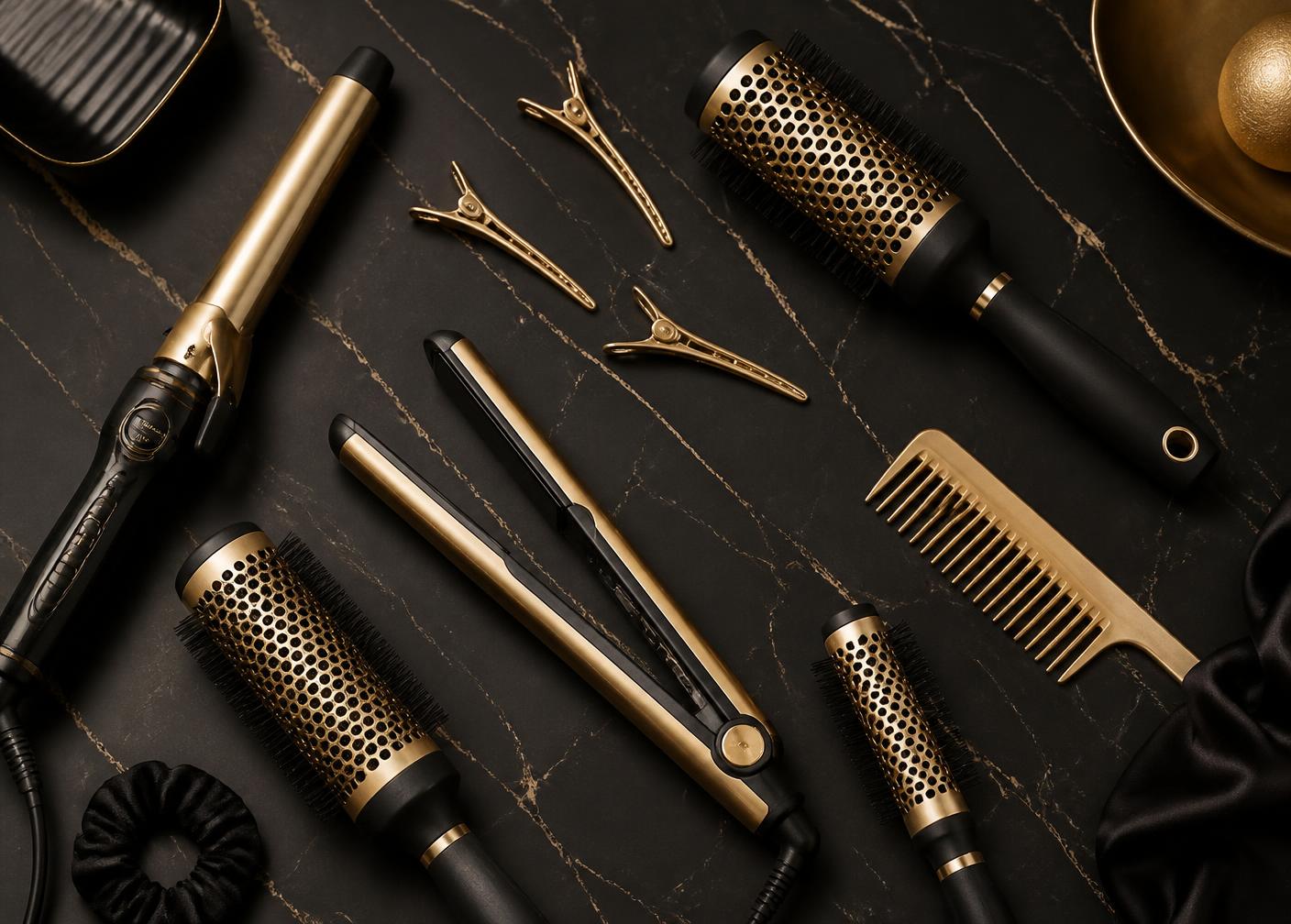 Gold shears, styling brushes, and sectioning clips arranged on black marble